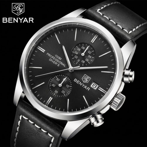 BENYAR 5187 Men’s Luxury Quartz Watch – Leather Band with Chronograph - Black and Silver
