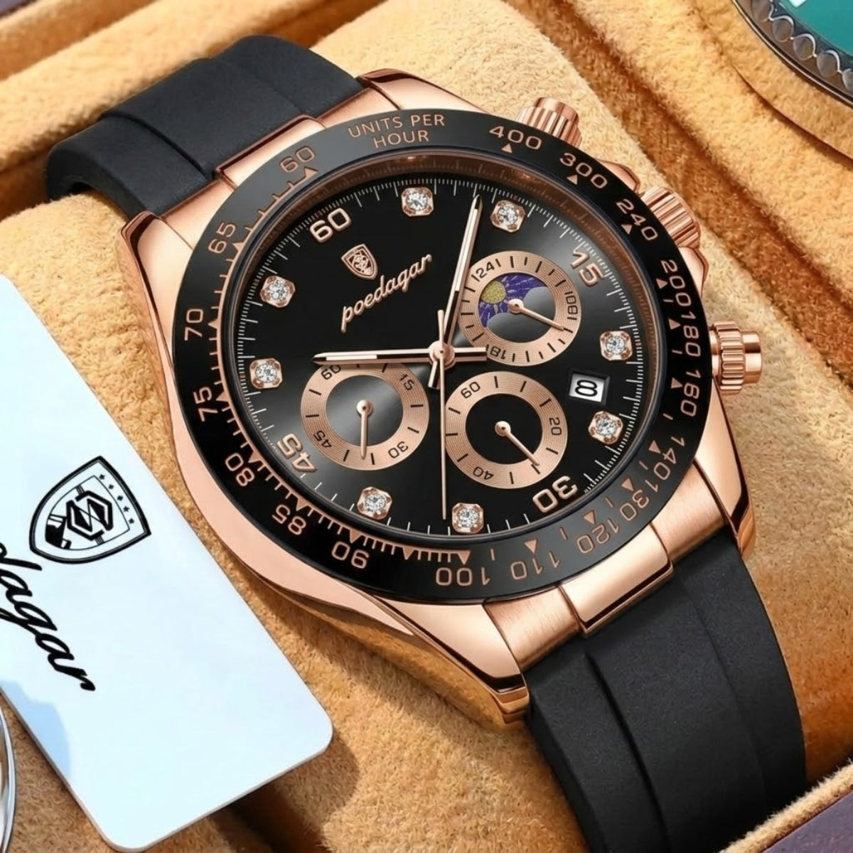 POEDAGAR 629 Men’s Luxury Sport Watch – Stainless Steel Chronograph Quartz with Luminous Date & Waterproof Golden Black