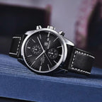 BENYAR 5187 Men’s Luxury Quartz Watch – Leather Band with Chronograph - Black and Silver