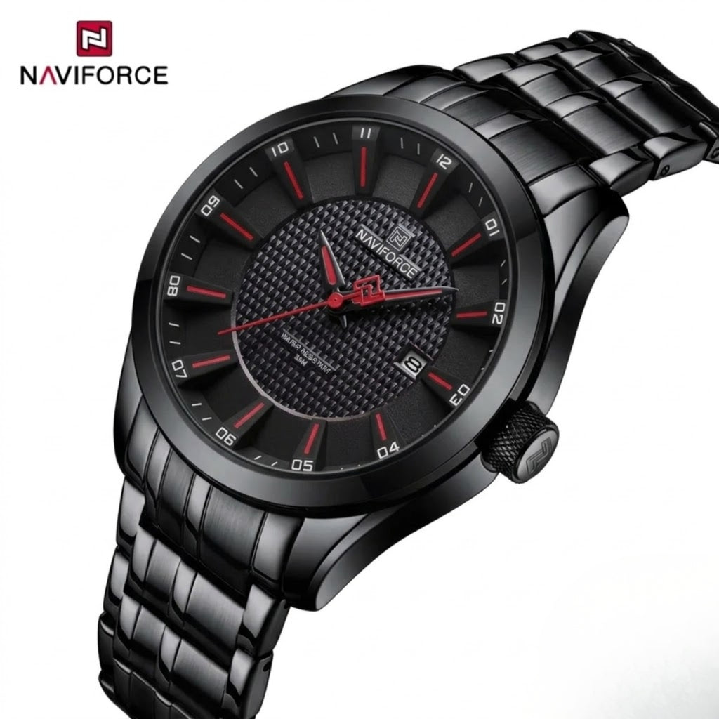 NAVIFORCE 8032 Men’s Stainless Steel Watch – Original Quartz Business Wristwatch - Black and Red