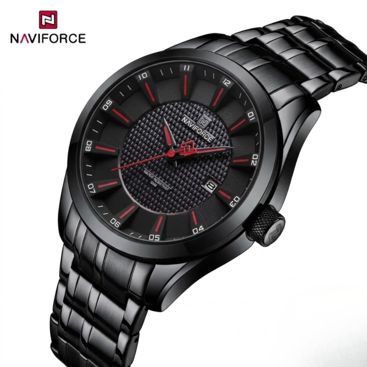 NAVIFORCE 8032 Men’s Stainless Steel Watch – Original Quartz Business Wristwatch - Black and Red