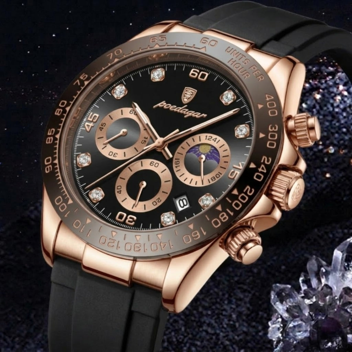 POEDAGAR 629 Men’s Luxury Sport Watch – Stainless Steel Chronograph Quartz with Luminous Date & Waterproof Golden Black