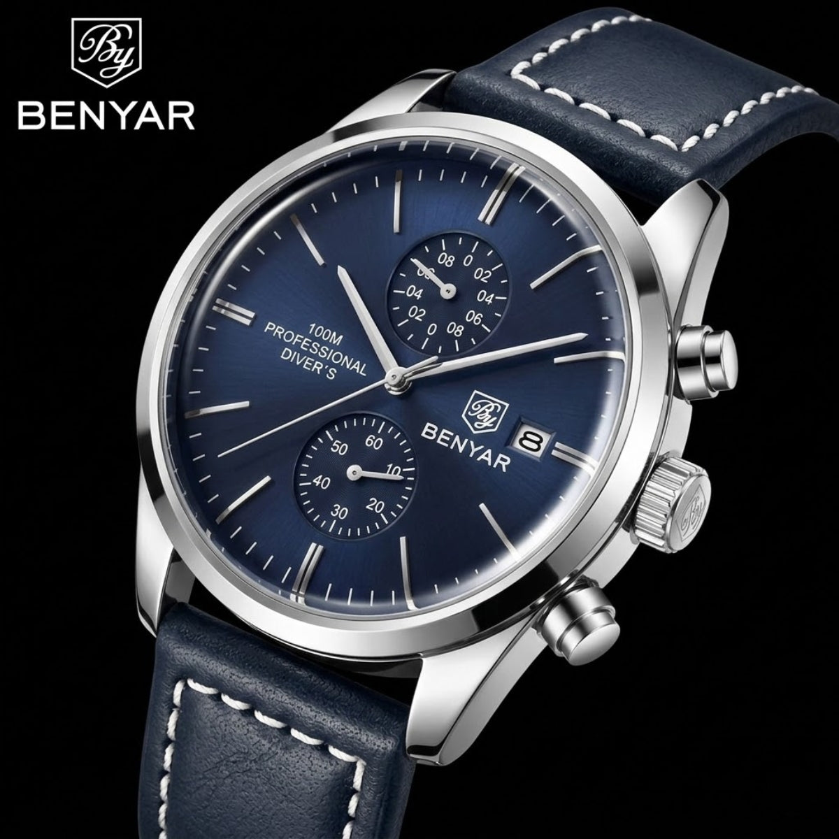 BENYAR 5187 Men’s Luxury Quartz Watch – Leather Band with Chronograph - Blue Dial