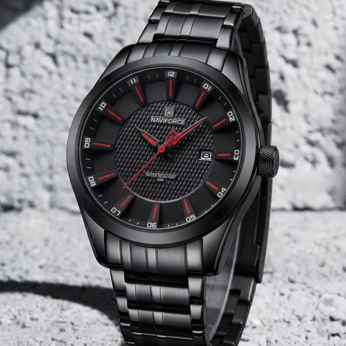 NAVIFORCE 8032 Men’s Stainless Steel Watch – Original Quartz Business Wristwatch - Black and Red