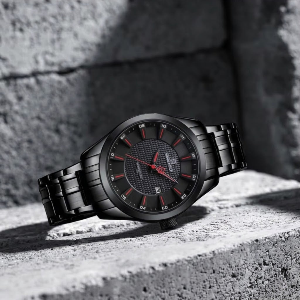 NAVIFORCE 8032 Men’s Stainless Steel Watch – Original Quartz Business Wristwatch - Black and Red