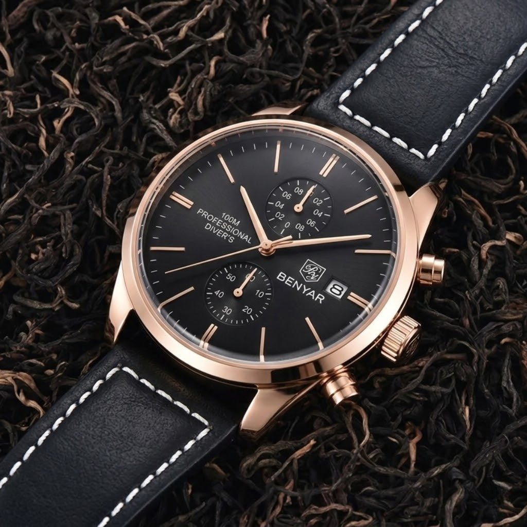 BENYAR 5187 Men’s Luxury Quartz Watch – Leather Band with Chronograph - Gold and Black