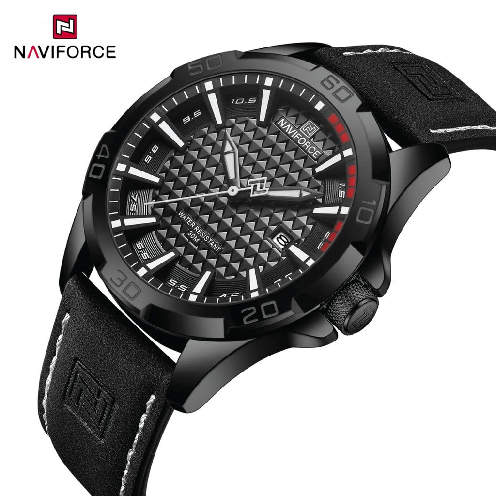 NAVIFORCE 8023 Men’s Original Fashion Watch – Waterproof Quartz Leather Wristwatch with Calendar Black and White