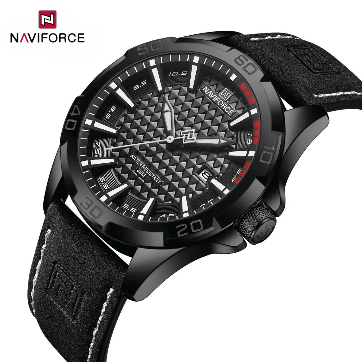 NAVIFORCE 8023 Men’s Original Fashion Watch – Waterproof Quartz Leather Wristwatch with Calendar Black and White