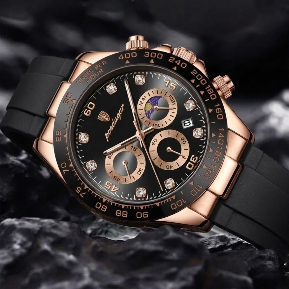 POEDAGAR 629 Men’s Luxury Sport Watch – Stainless Steel Chronograph Quartz with Luminous Date & Waterproof Golden Black