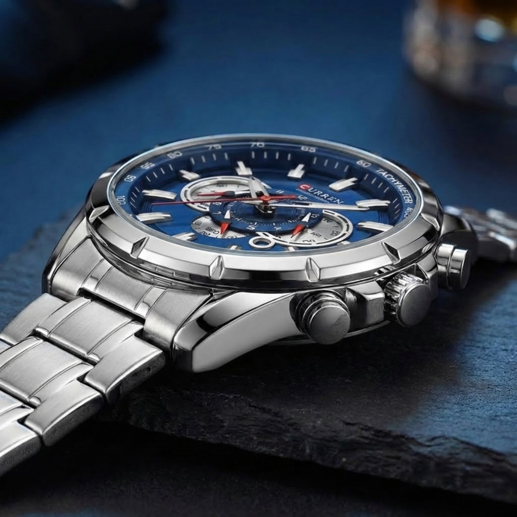 Curren 8363 Men's Watch Multifunctional Waterproof Chronograph Quartz Silver and Blue