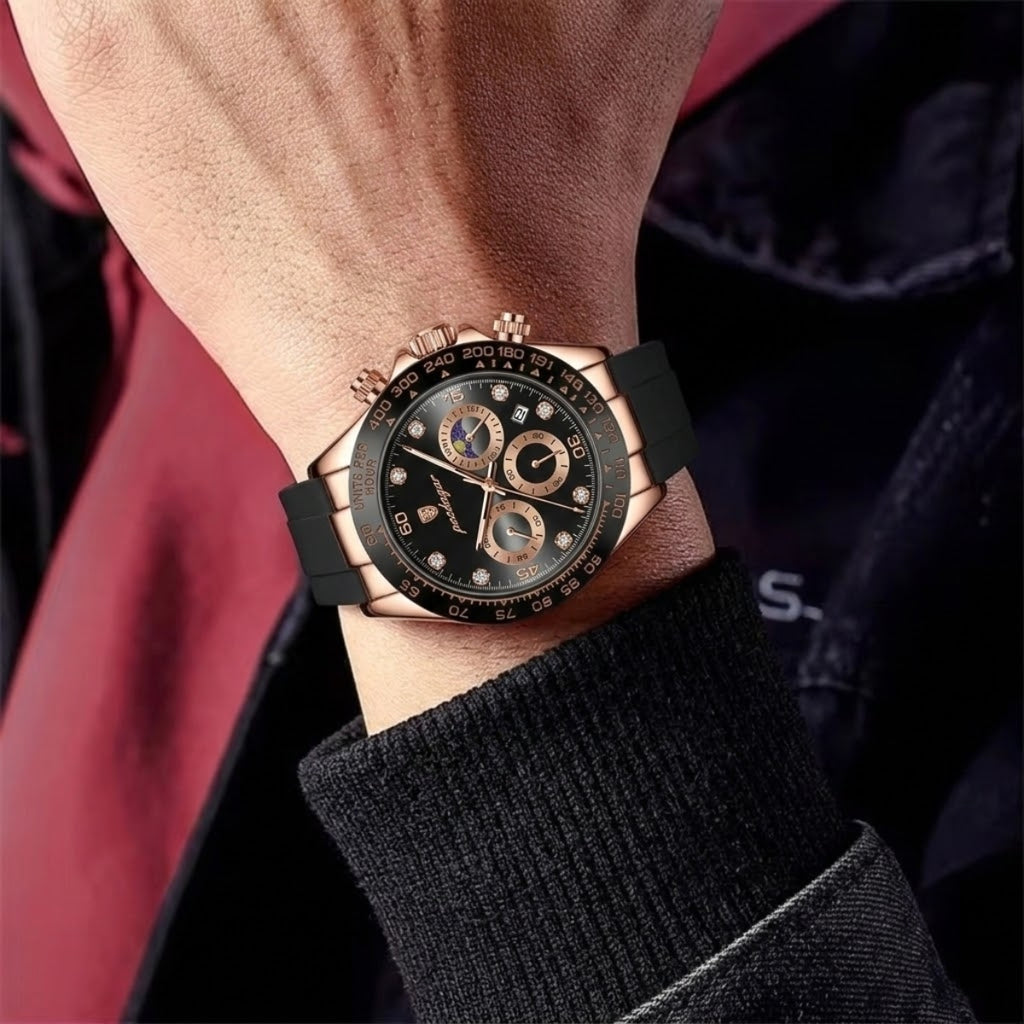 POEDAGAR 629 Men’s Luxury Sport Watch – Stainless Steel Chronograph Quartz with Luminous Date & Waterproof Golden Black