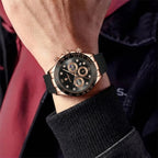 POEDAGAR 629 Men’s Luxury Sport Watch – Stainless Steel Chronograph Quartz with Luminous Date & Waterproof Golden Black