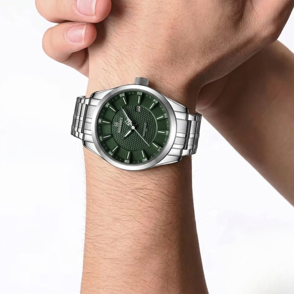 NAVIFORCE 8032 Men’s Stainless Steel Watch – Original Quartz Business Wristwatch - Silver and Green