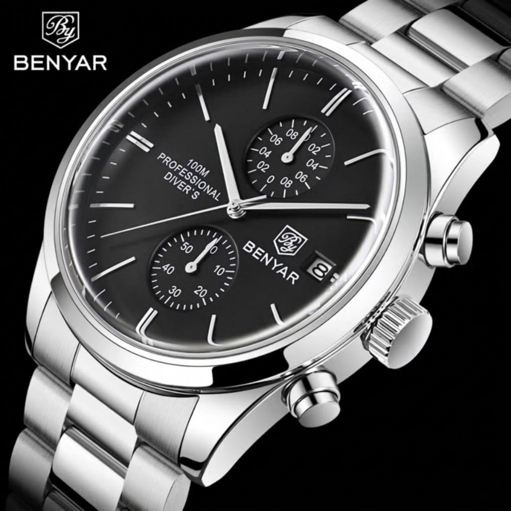 BENYAR 5187 Men’s Luxury Quartz Watch – Stainless Steel Band Chronograph Black Dial