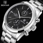 BENYAR 5187 Men’s Luxury Quartz Watch – Stainless Steel Band Chronograph Black Dial