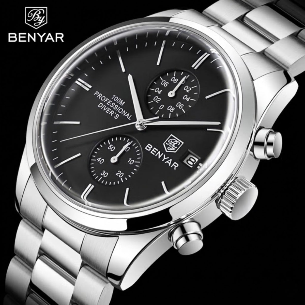 BENYAR 5187 Men’s Luxury Quartz Watch – Stainless Steel Band Chronograph Black Dial