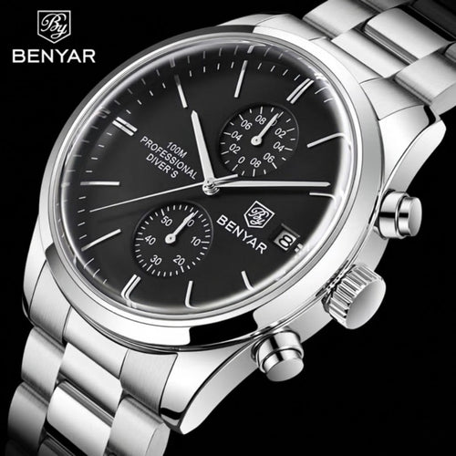 BENYAR 5187 Men’s Luxury Quartz Watch – Stainless Steel Band Chronograph Black Dial