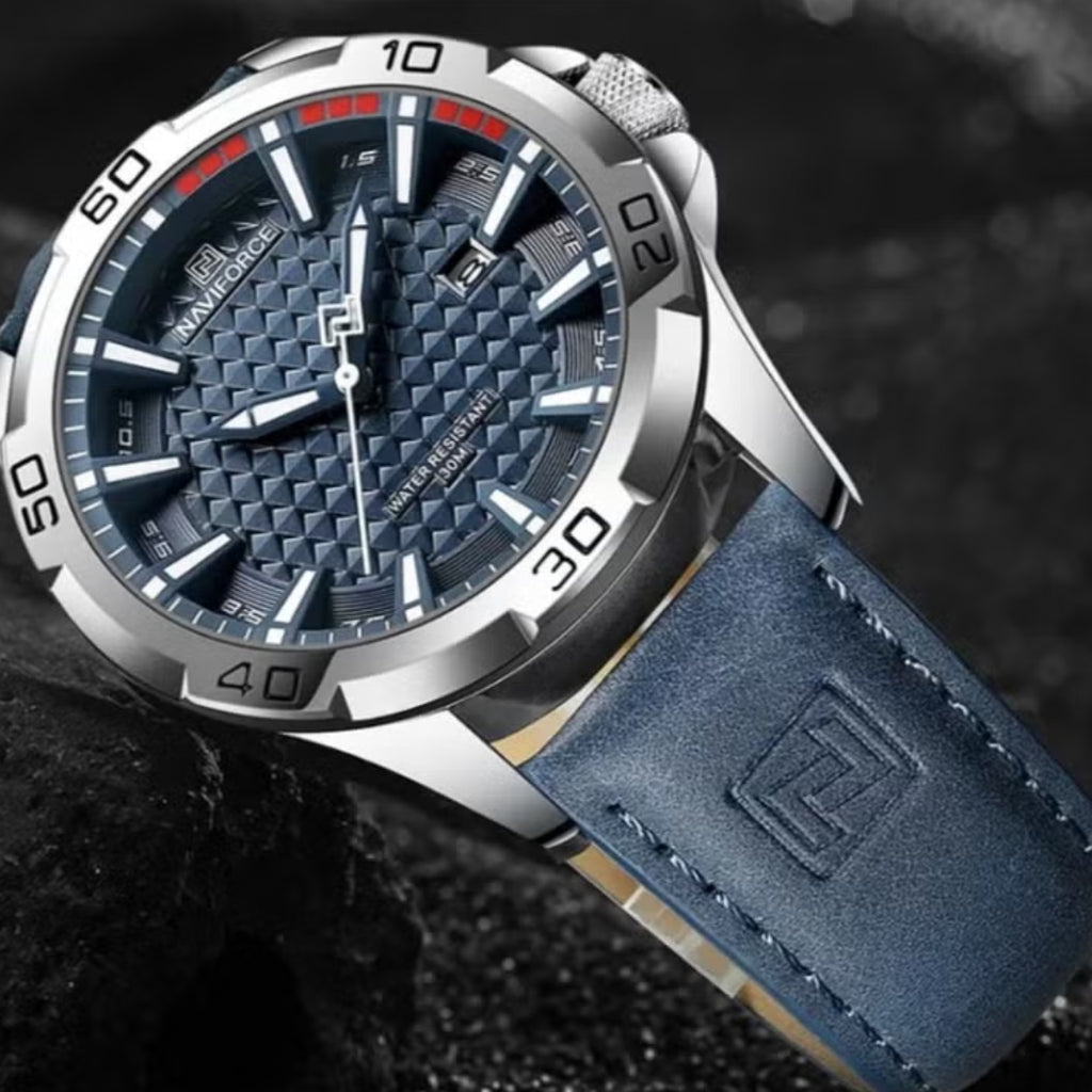 NAVIFORCE 8023 Men’s Original Fashion Watch – Waterproof Quartz Leather Wristwatch with Calendar Blue