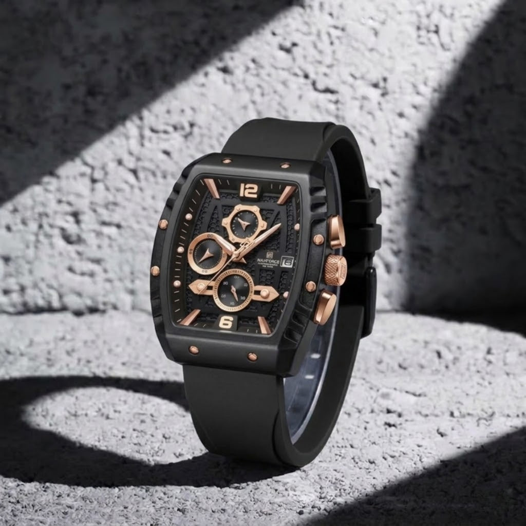 NAVIFORCE 8025 Men’s  Designer Watch – New Quartz Chronograph with Rubber Strap - Black and Gold