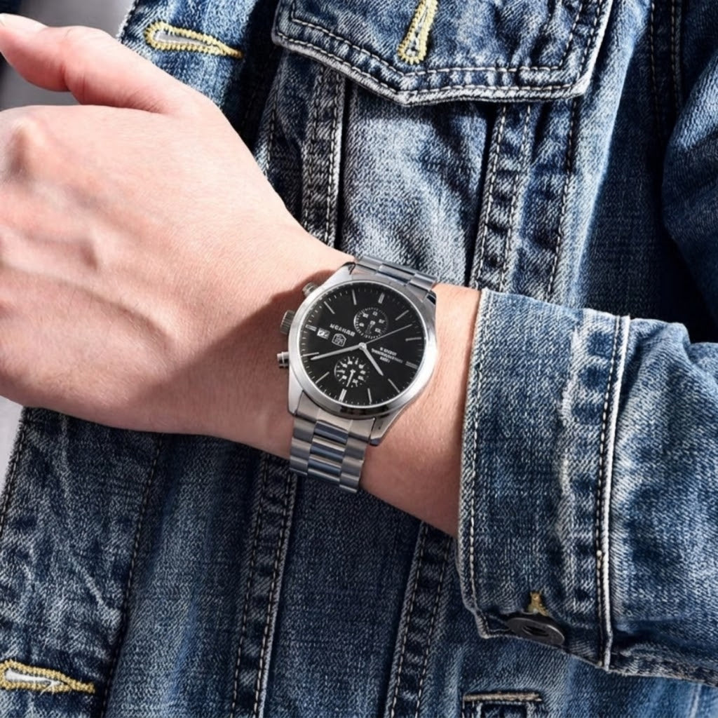 BENYAR 5187 Men’s Luxury Quartz Watch – Stainless Steel Band Chronograph Black Dial