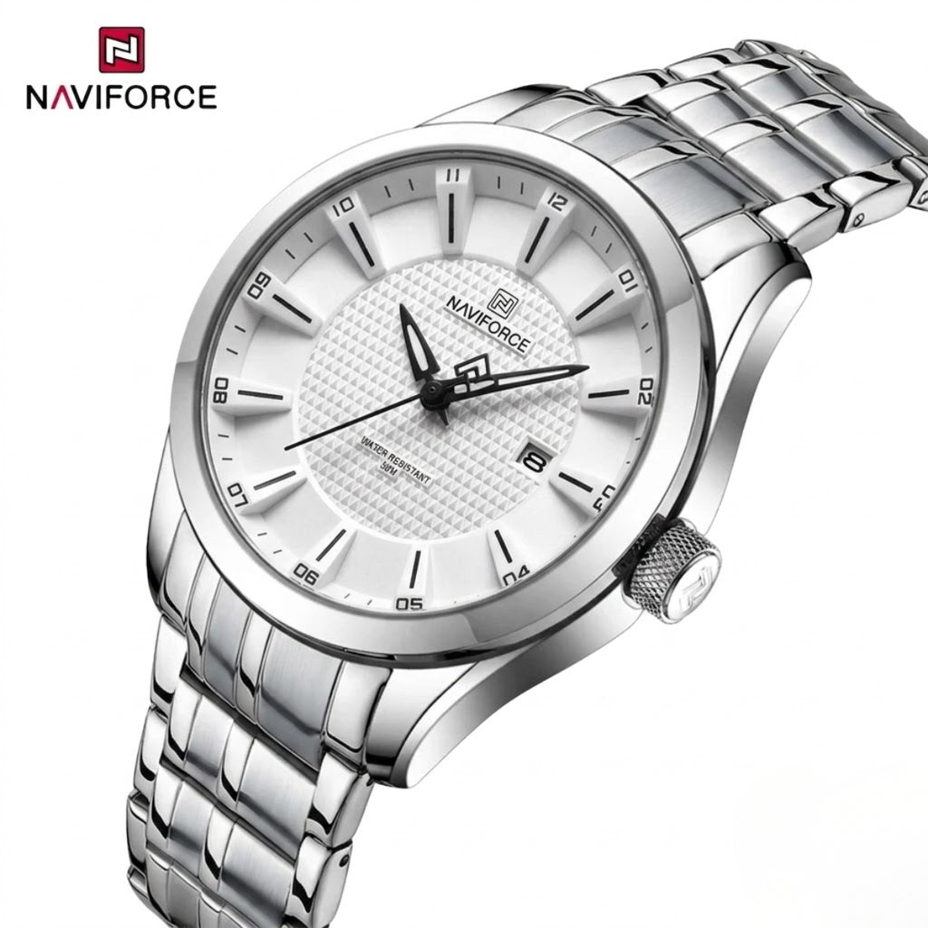 NAVIFORCE 8032 Men’s Stainless Steel Watch – Original Quartz Business Wristwatch - Silver and White