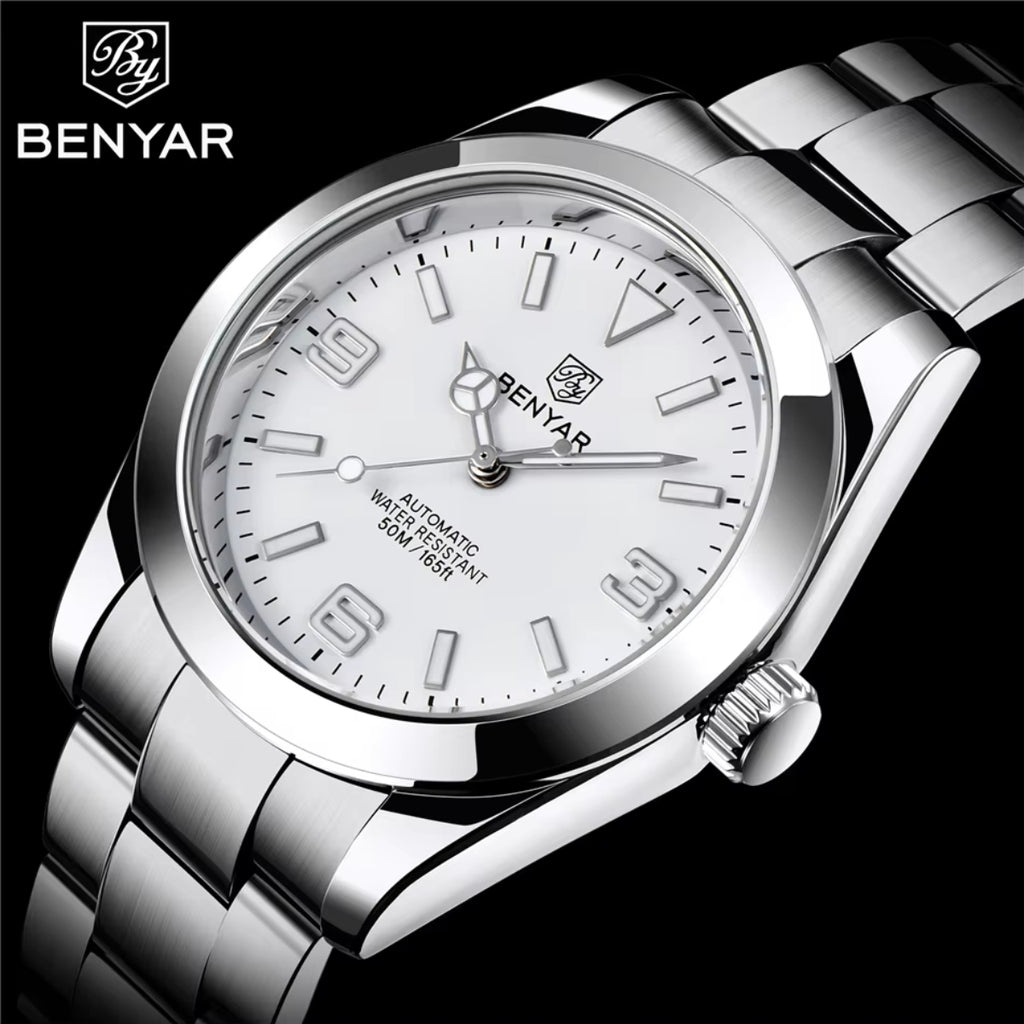 BENYAR 5177 Men’s Automatic Mechanical Watch - White Dial Stainless Steel Strap