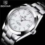 BENYAR 5177 Men’s Automatic Mechanical Watch - White Dial Stainless Steel Strap