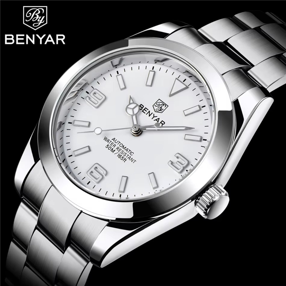 BENYAR 5177 Men’s Automatic Mechanical Watch - White Dial Stainless Steel Strap