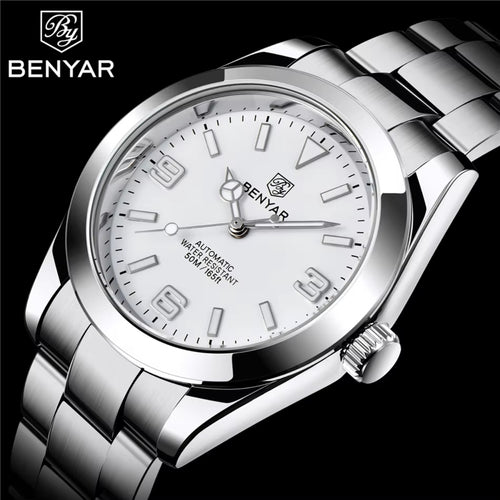 BENYAR 5177 Men’s Automatic Mechanical Watch - White Dial Stainless Steel Strap