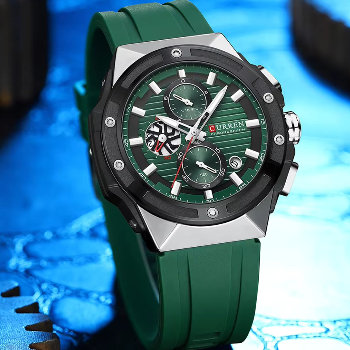 CURREN 8462 Men’s Sport Chronograph Luminous Waterproof Watch with Silicone Strap & Date Green Silver