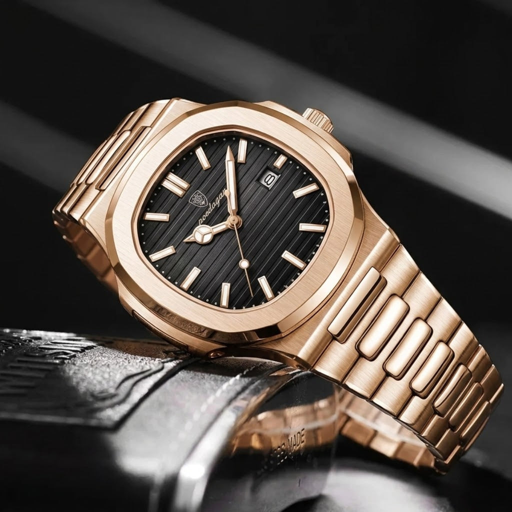 Poedagar 613 Men’s Luxury Stainless Steel Watch – Waterproof Quartz Wristwatch with Luminous Dial Rose Black