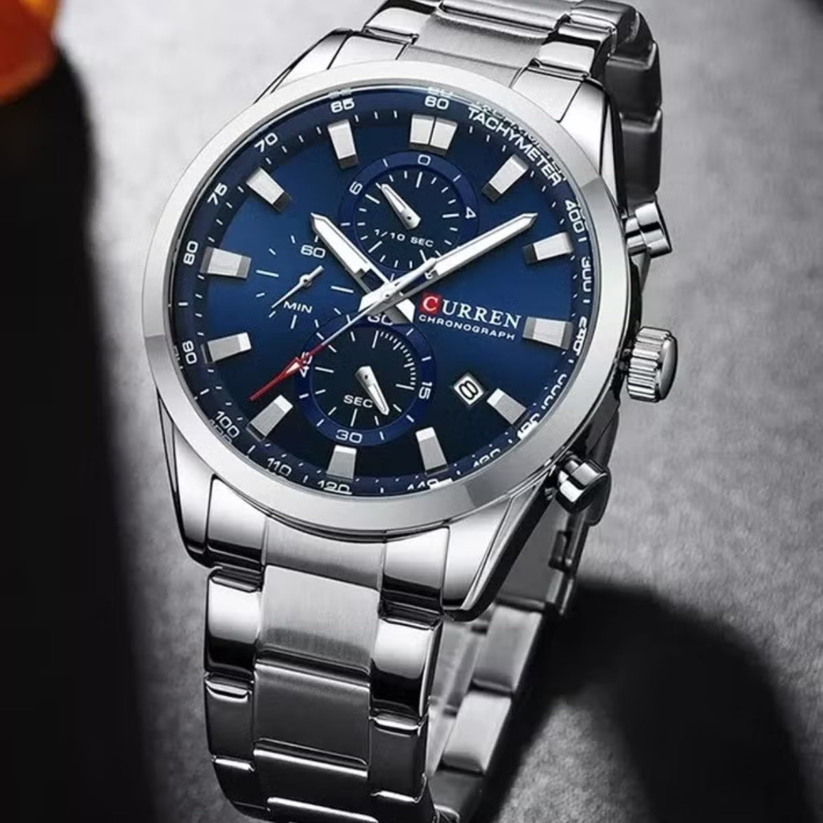 CURREN 8445 Men’s Casual Sport Chronograph Watch Stainless Steel Band with Auto-Date and Blue Dial