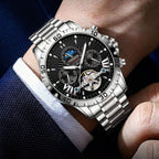 Poedagar 1410 Men’s Automatic Watch – Luxury Stainless Steel Hollow Tourbillon Mechanical Wristwatch Black Dial