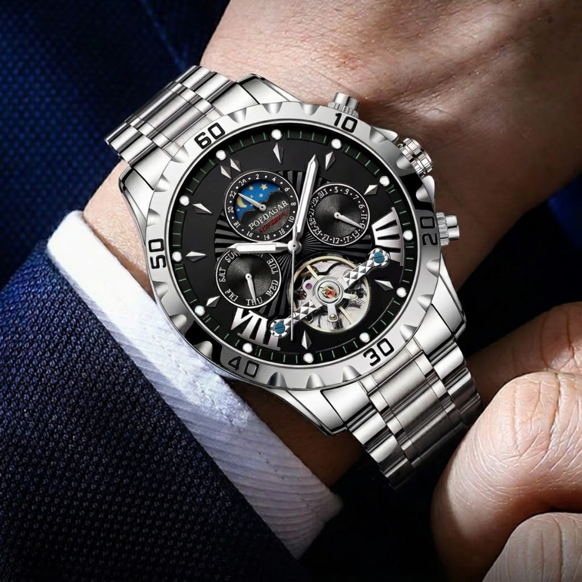 Poedagar 1410 Men’s Automatic Watch – Luxury Stainless Steel Hollow Tourbillon Mechanical Wristwatch Black Dial