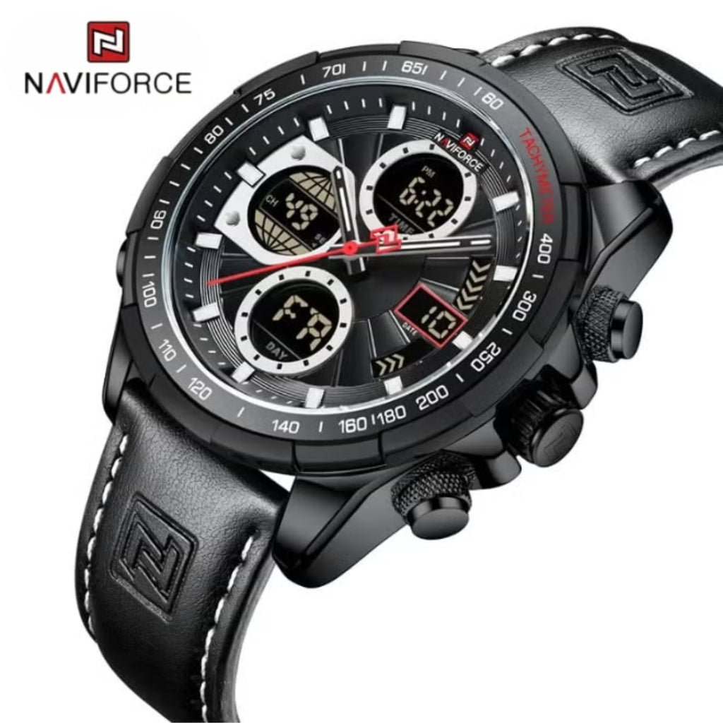 NAVIFORCE 9197 Men’s Dual-Display Watch – Luxury Analog-Digital Chronograph with Alarm & Waterproof Black and White