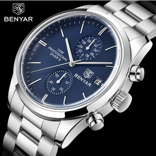 BENYAR 5187 Men’s Luxury Quartz Watch – Stainless Steel Band Chronograph Blue Dial