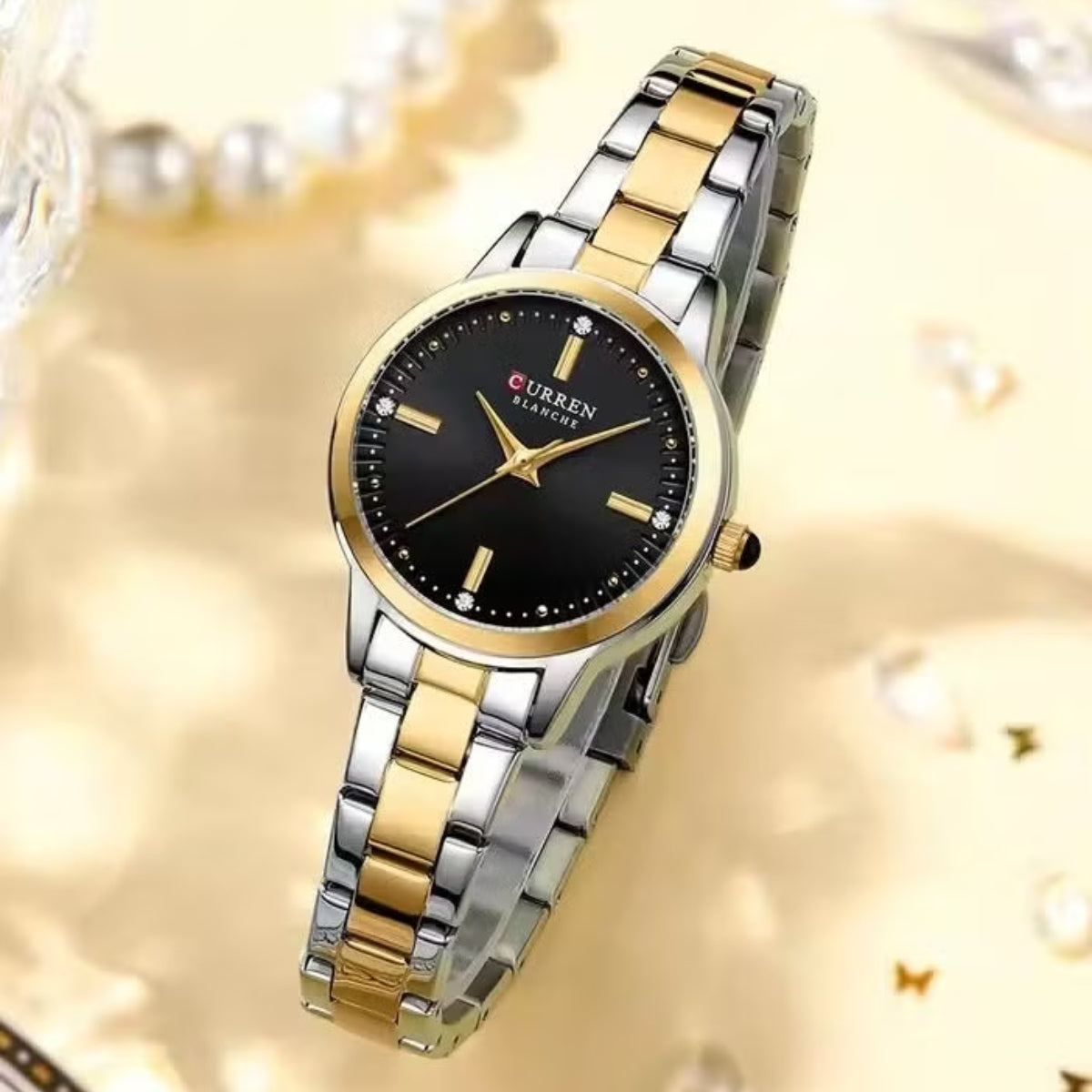 CURREN 9094 Ladies Luxury Watch – Original Stainless Steel Bracelet with Diamond Accents & Quartz Movement Black Dial