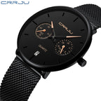 CRRJU 2162 Men's Stainless Mesh Steel Quartz Watch – Waterproof Casual Dress Timepiece with Date Calendar Black Beige