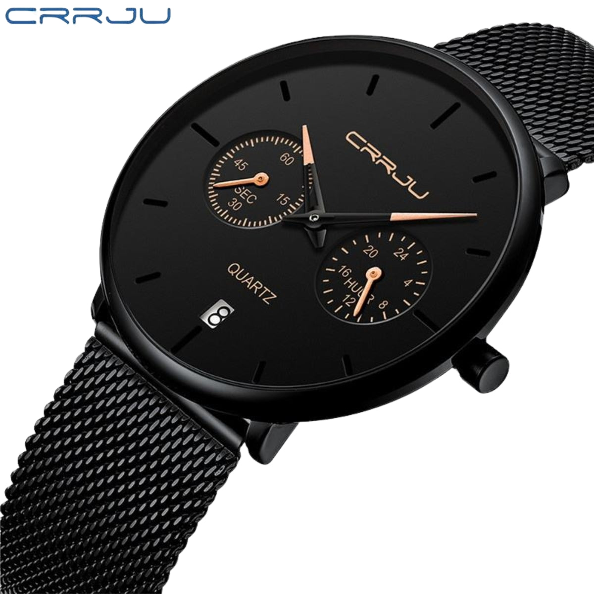 CRRJU 2162 Men's Stainless Mesh Steel Quartz Watch – Waterproof Casual Dress Timepiece with Date Calendar Black Beige