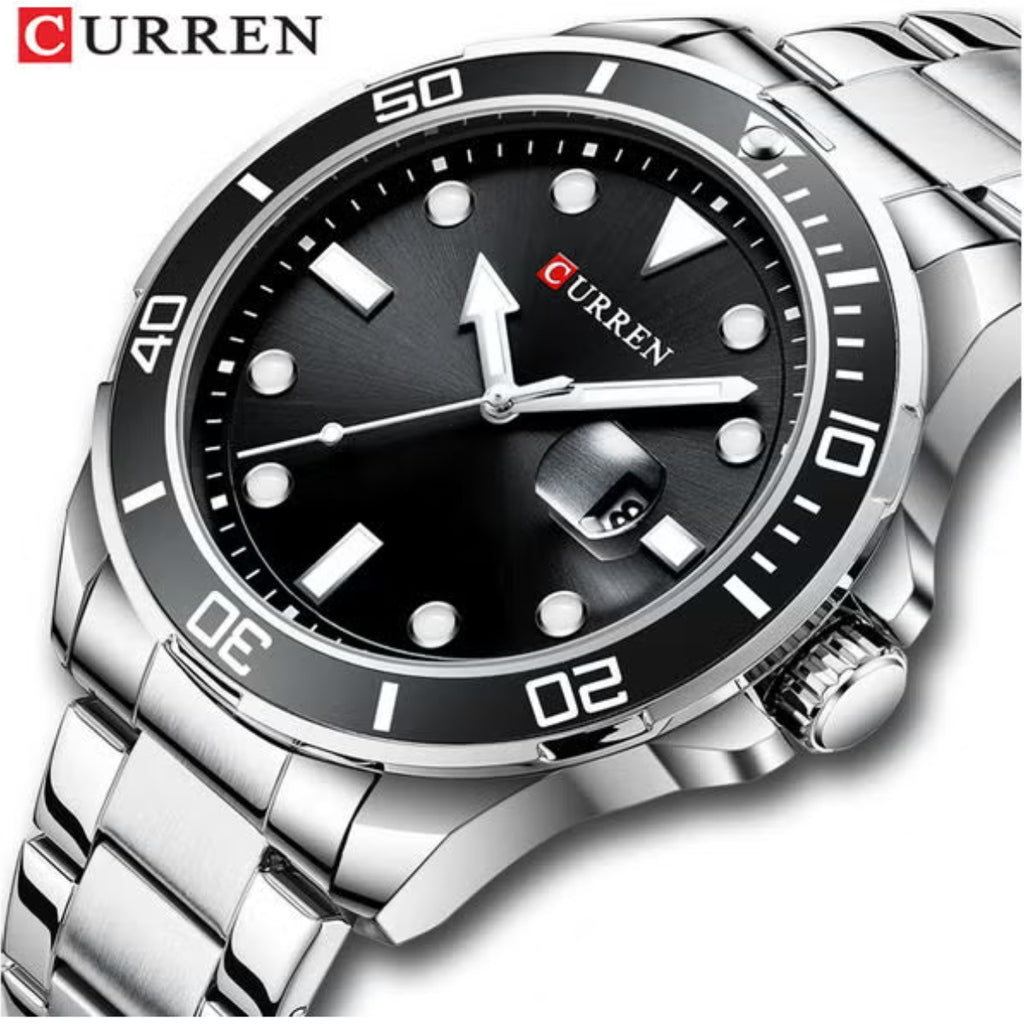 CURREN 8388 Men’s Luxury Quartz Watch 3ATM Waterproof Stainless Steel Classic Wristwatch Silver and Black