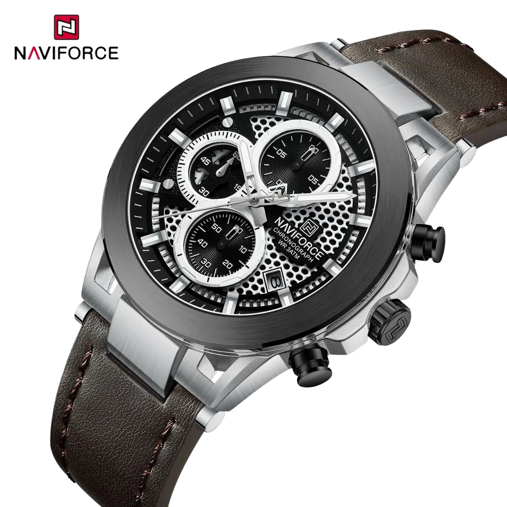 NAVIFORCE 8073 Men’s Skeleton Watch – Original Brand Quartz Wristwatch with Leather Strap & Chronograph