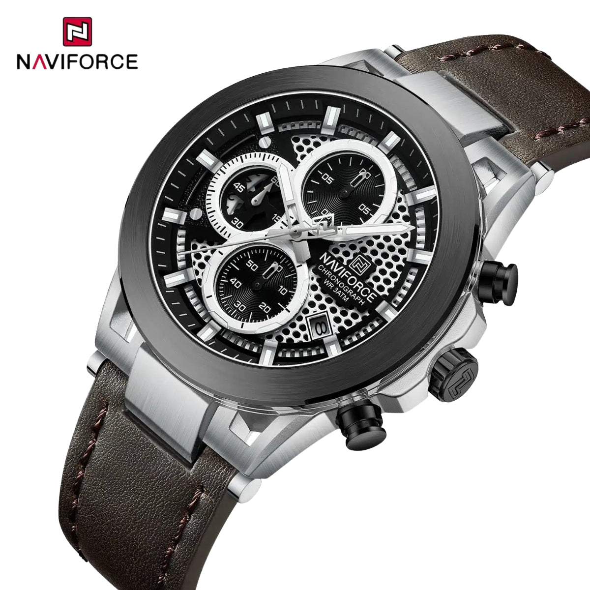 NAVIFORCE 8073 Men’s Skeleton Watch – Original Brand Quartz Wristwatch with Leather Strap & Chronograph