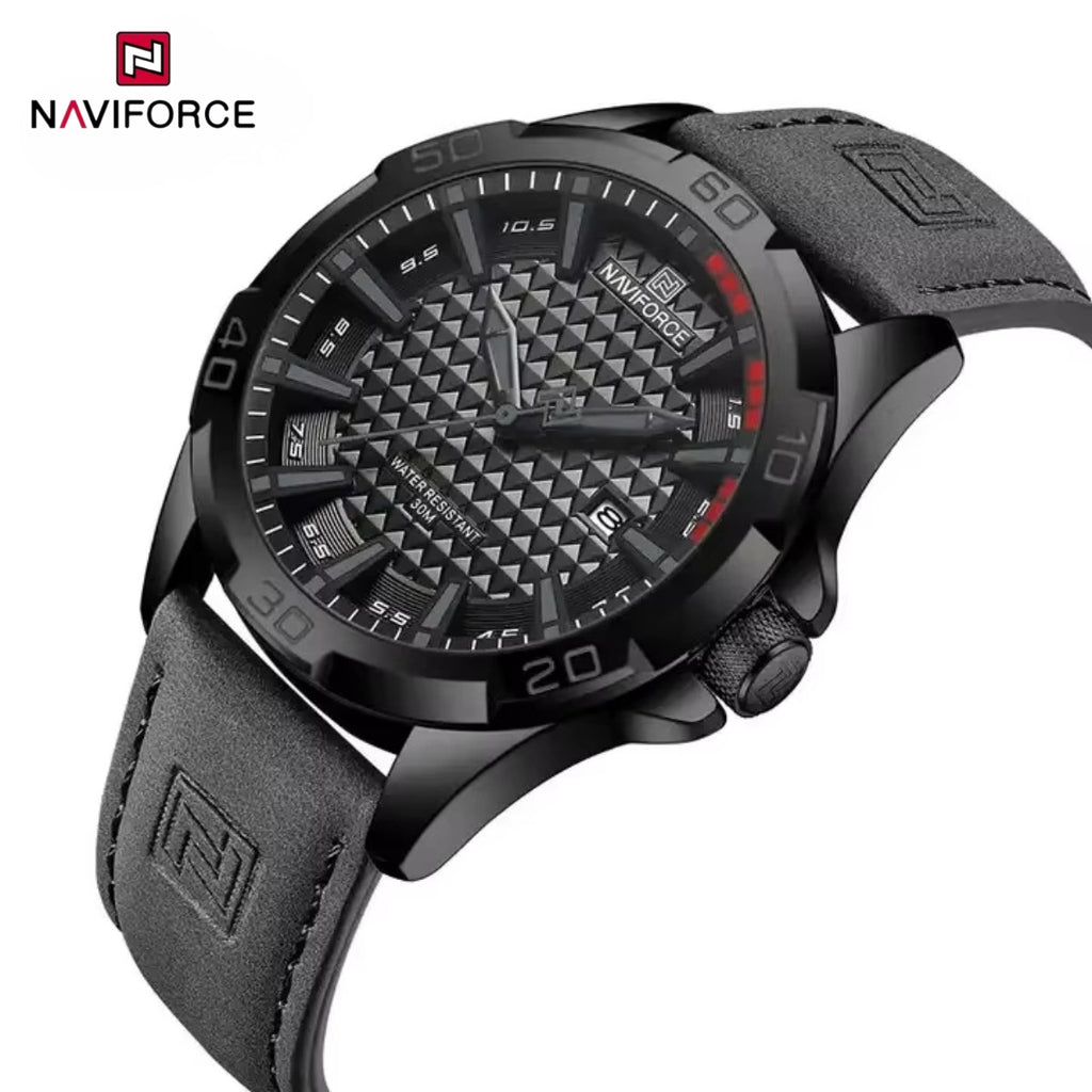 NAVIFORCE 8023 Men’s Original Fashion Watch – Waterproof Quartz Leather Wristwatch with Calendar Gray