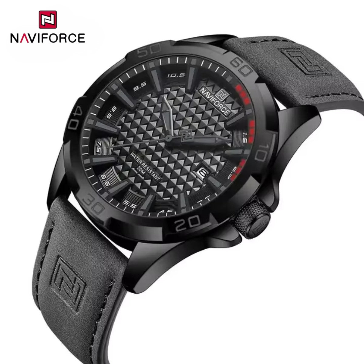 NAVIFORCE 8023 Men’s Original Fashion Watch – Waterproof Quartz Leather Wristwatch with Calendar Gray