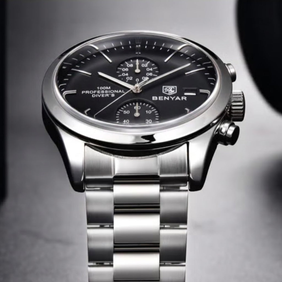 BENYAR 5187 Men’s Luxury Quartz Watch – Stainless Steel Band Chronograph Black Dial