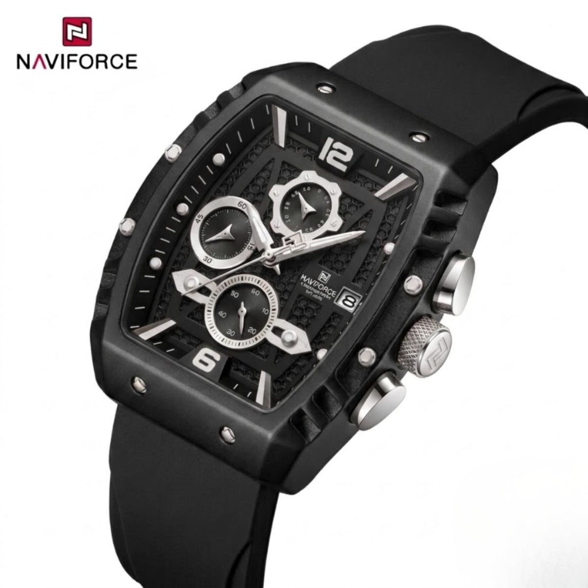 NAVIFORCE 8025 Men’s  Designer Watch – New Quartz Chronograph with Rubber Strap - Black