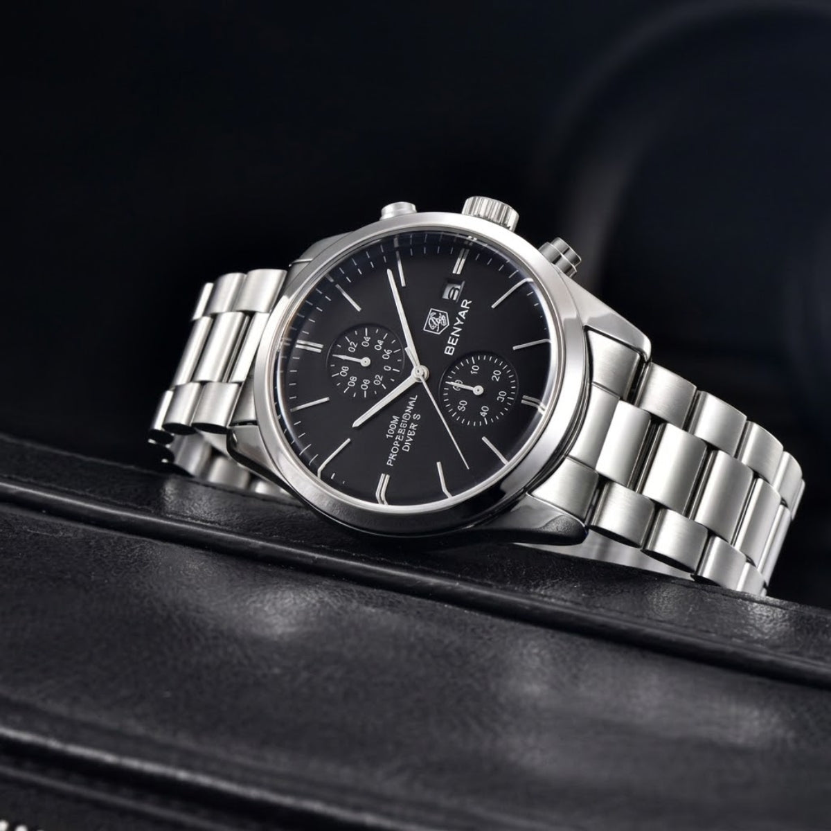BENYAR 5187 Men’s Luxury Quartz Watch – Stainless Steel Band Chronograph Black Dial