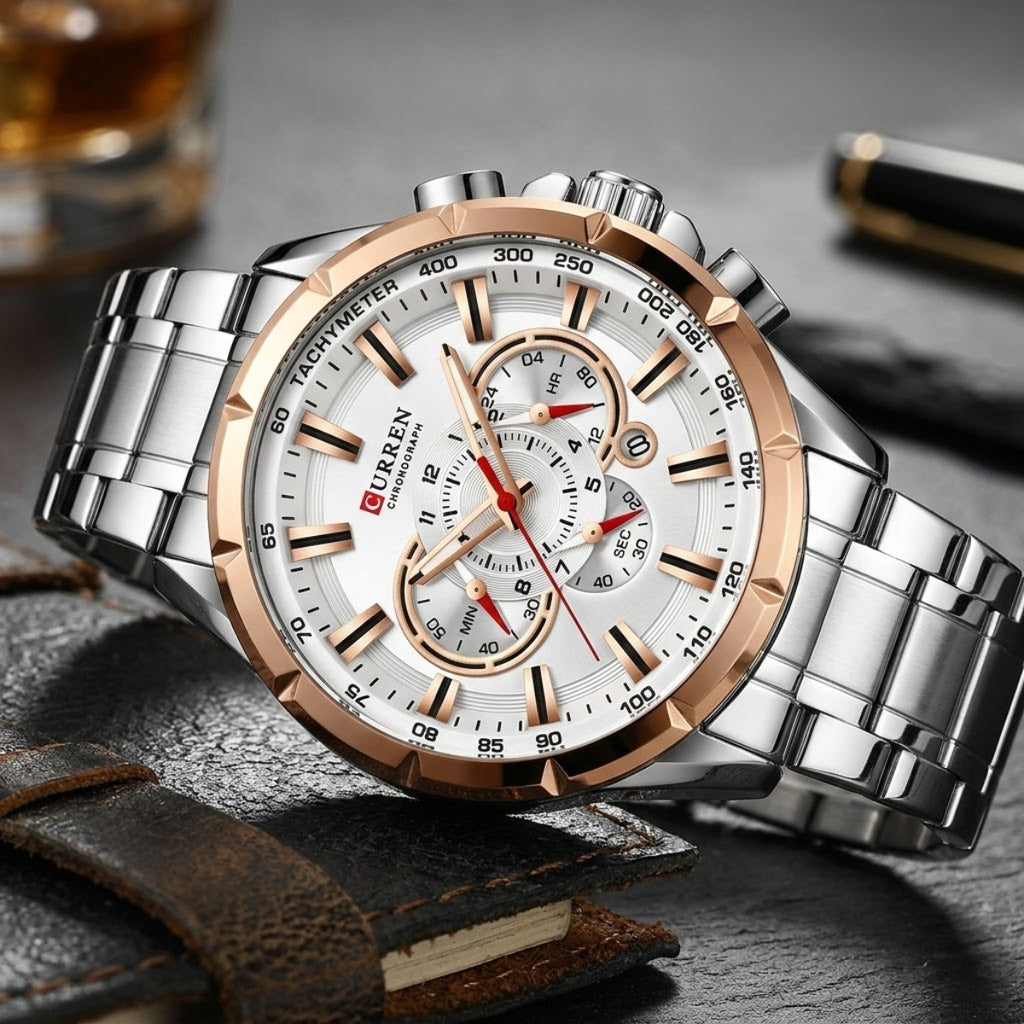 Curren 8363 Men's Watch Multifunctional Waterproof Chronograph Quartz  Blue and Gold