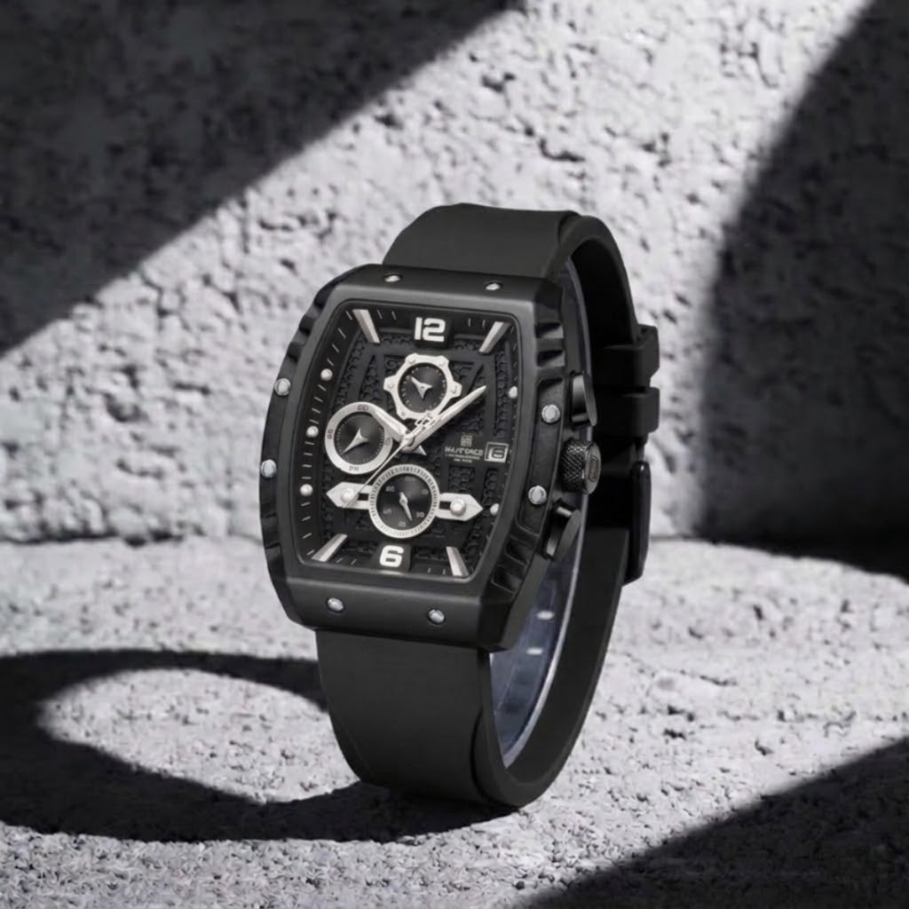 NAVIFORCE 8025 Men’s  Designer Watch – New Quartz Chronograph with Rubber Strap - Black