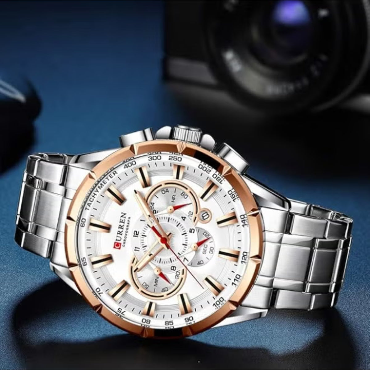 Curren 8363 Men's Watch Multifunctional Waterproof Chronograph Quartz  Blue and Gold